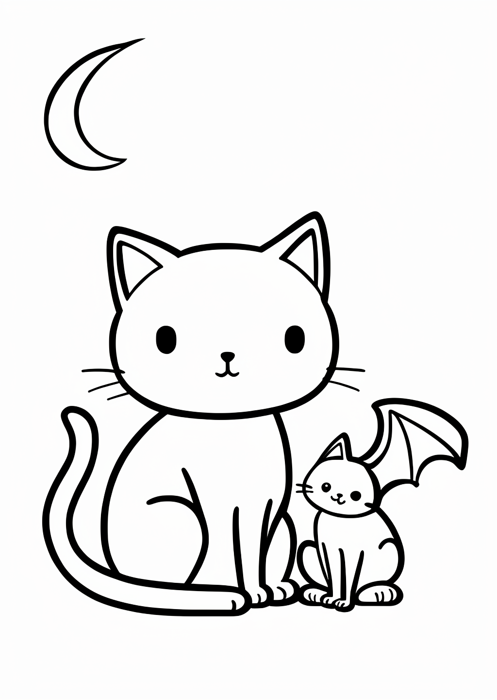 Halloween Cat and Bat Coloring Page – line art