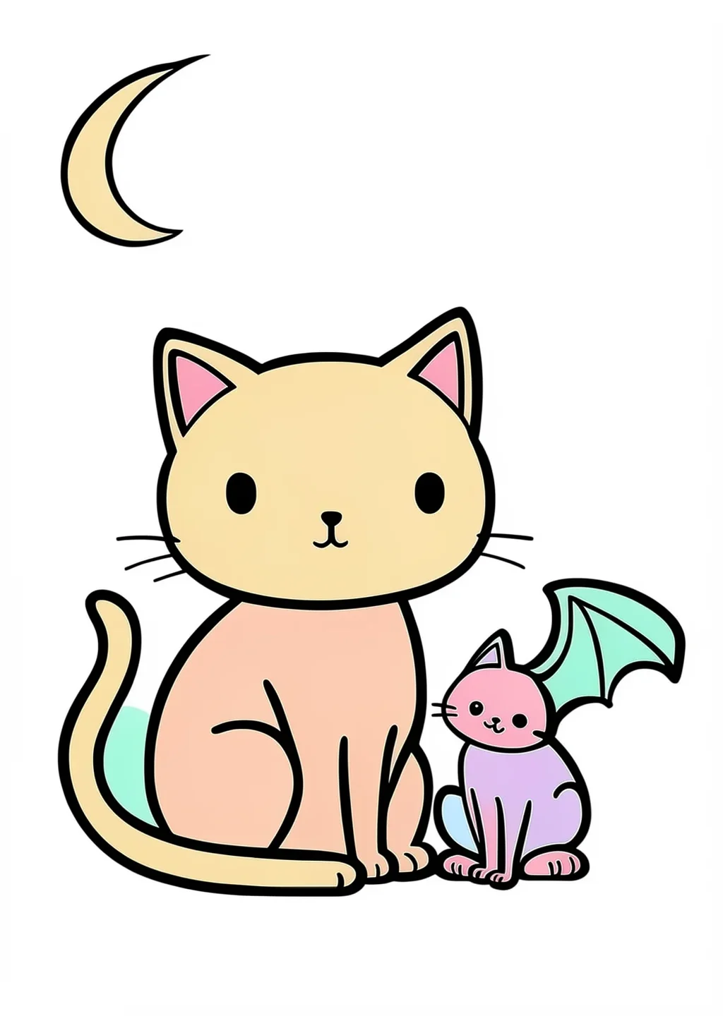 Halloween Cat and Bat Coloring Page – colored example