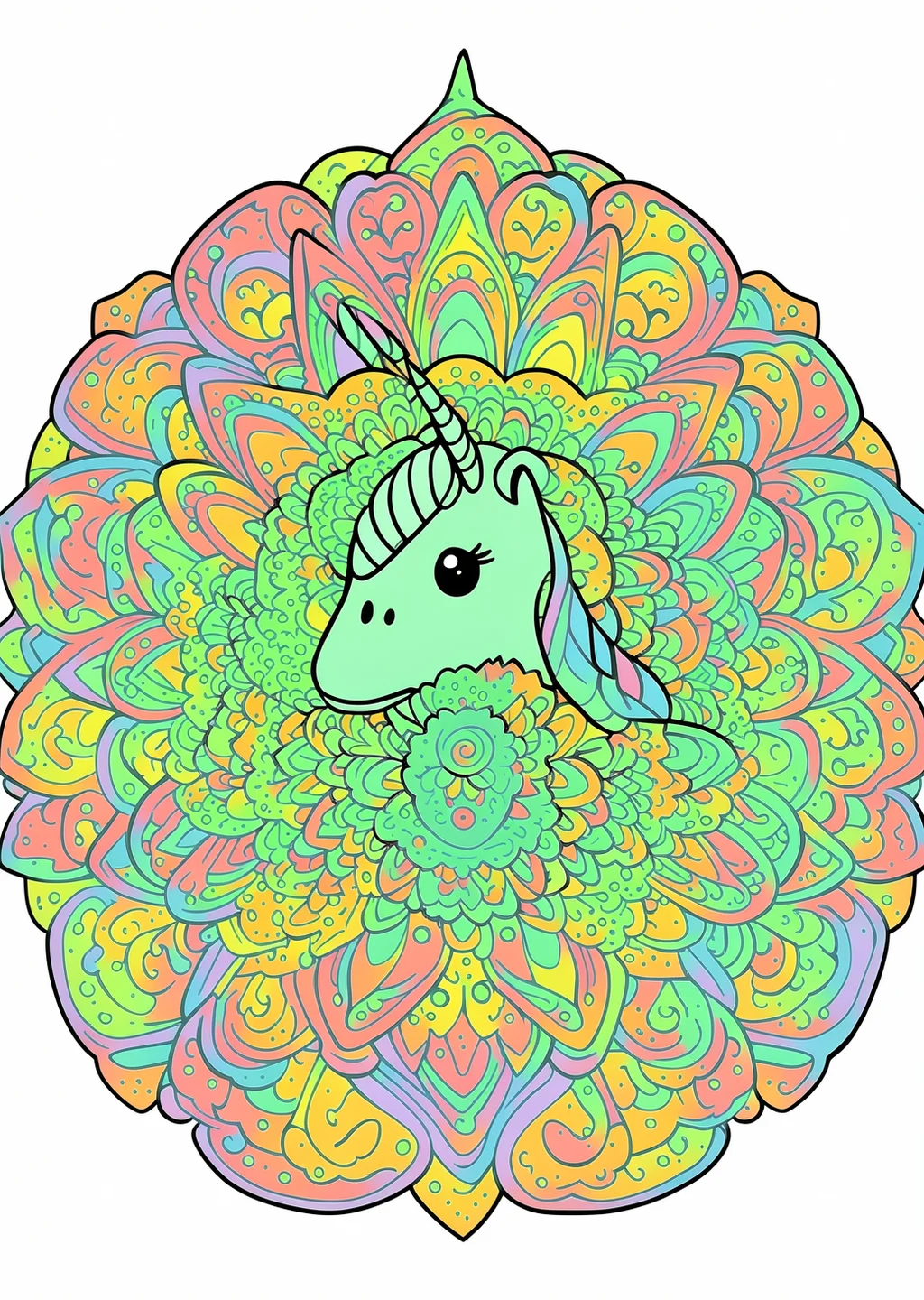 Mandala Unicorn Coloring Page – colored example