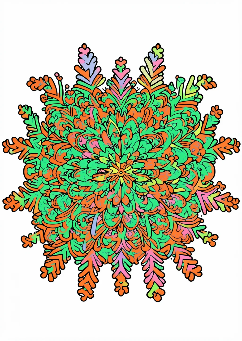 Snowflake Mandala Coloring Page – colored example